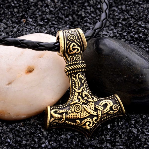 Vikingahalsband Tors Hammare Mjolnir Konstläder Guld guld