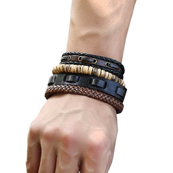 4-pack Handgjorda Läderarmband Herrarmband Skinn Läder Rep brun