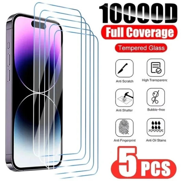 5-Pack iPhone 15 Pro Max Heltäckande Härdat Glas Skärmskydd HD transparent