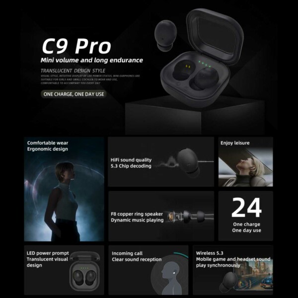 C9 Pro Trådlösa Bluetooth Hörlurar TWS 5.3 Svart svart