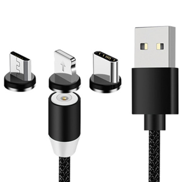 Magneettinen 3-in-1-latauskaapeli USB/Mikro/C-tyyppi/Lightning 1m musta musta