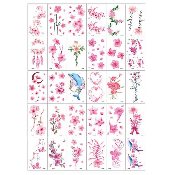 30-pack midlertidig falske tatoveringer gnir rosa blomster flerfarget