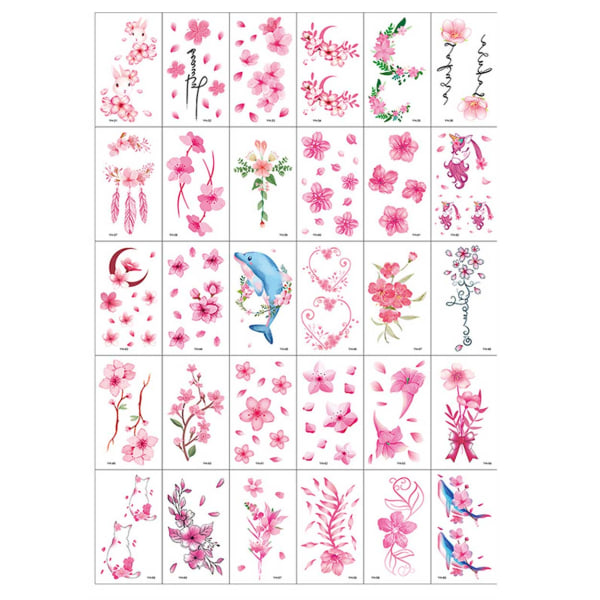 30-pakkaus Väliaikaiset väärennetyt tatuoinnit hierovat vaaleanpunaisia ​​kukkia monivärinen