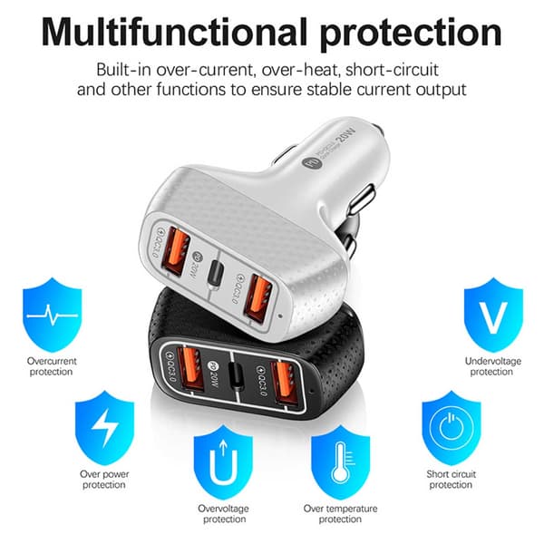 Biloplader 3 USB Supersnab 20W PD Quick Charge 3.0 sort