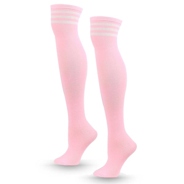 Stripete knesokker rosa hvite striper - høye sokker rosa