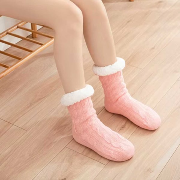 Lurviga Varma Stickade Sockor Tofflor med Halkskydd Rosa rosa one size