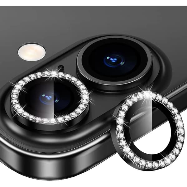iPhone 16 / 16 Plus Linsskydd Kameraskydd Härdat Glas med Strassring Svart Svart