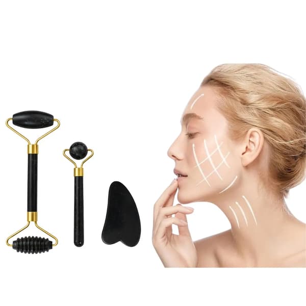 Ansiktsmassage Jade 3-i-1 med Roller och Gua Sha Svart