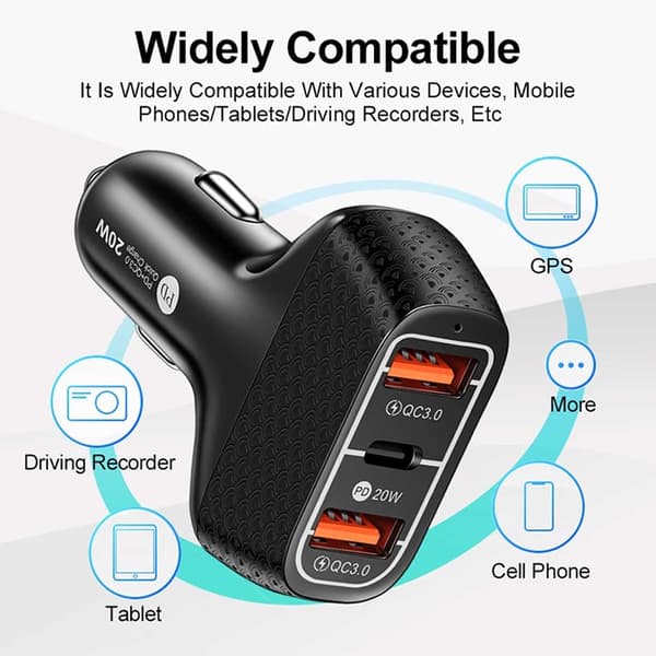 Biloplader 3 USB Supersnab 20W PD Quick Charge 3.0 sort