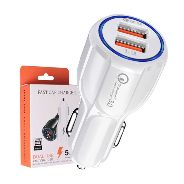 Universal Billaddare Quick Charge 3.0 2 USB 3.1A Snabbladdare vit