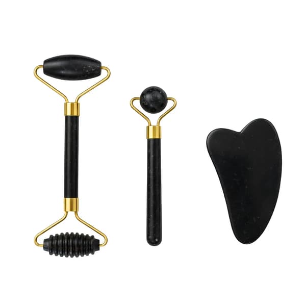 Ansiktsmassage Jade 3-i-1 med Roller och Gua Sha Svart