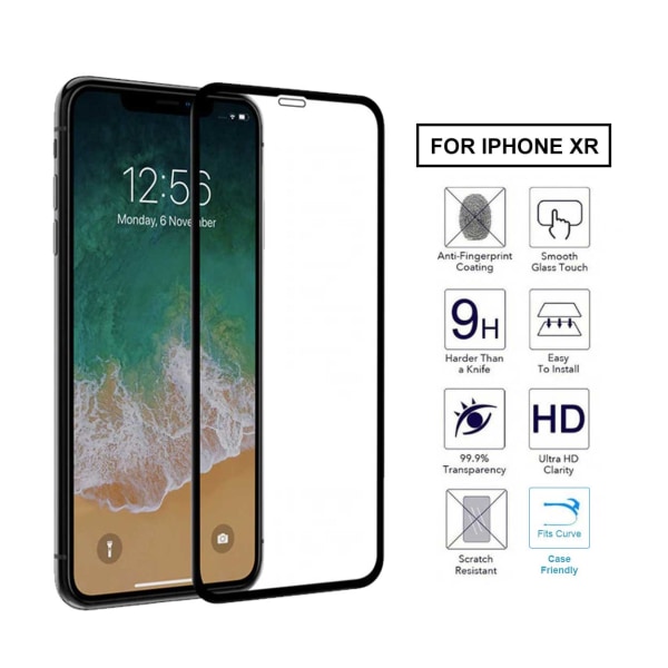 iPhone XR HD 3D -skjermbeskytter speket glass karbonfiber svart