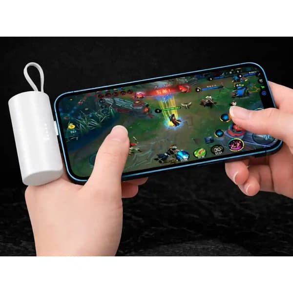Powerbank 5000 mAh med innebygd Lightning & USB-C – Hvit kompakt reiselader (10 W)