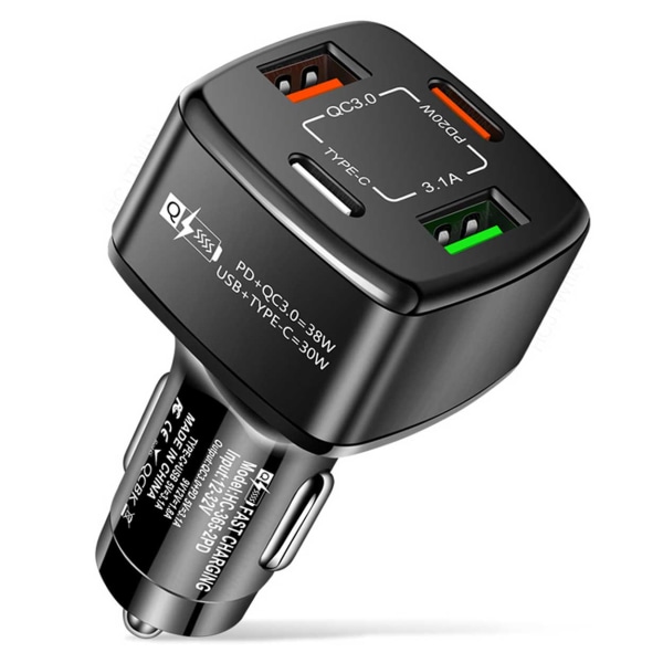 Billaddare 4 USB Supersnabb 38W PD Quick Charge 3.0 svart