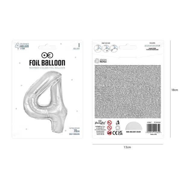 Folieballon Nummer 4 Sølv 70 cm sølv