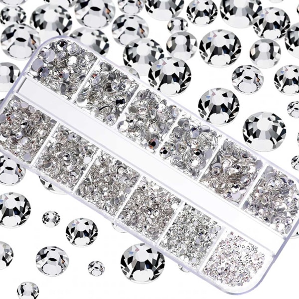 2000 Rhinestone Nail Decorations Crystal - Forskellige størrelser i aske sølv