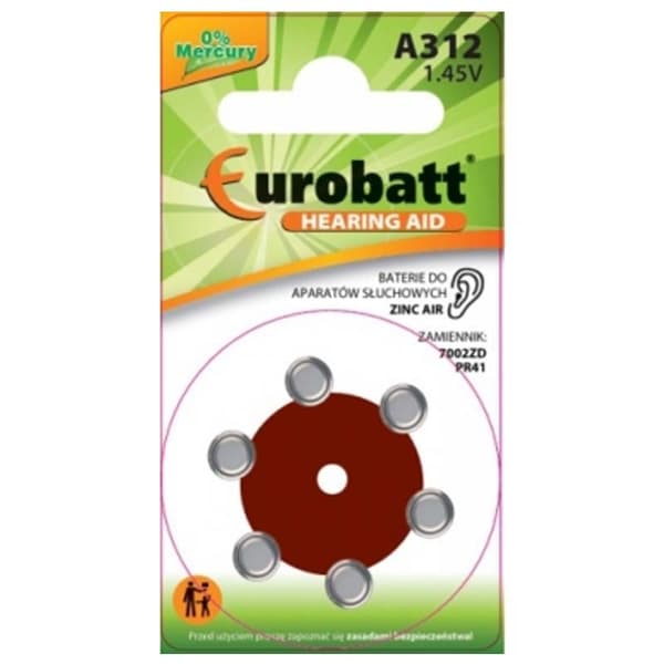 6-Pak Batterier til høreapparat A312-BP6 PR41 7002ZD Høre-batterier