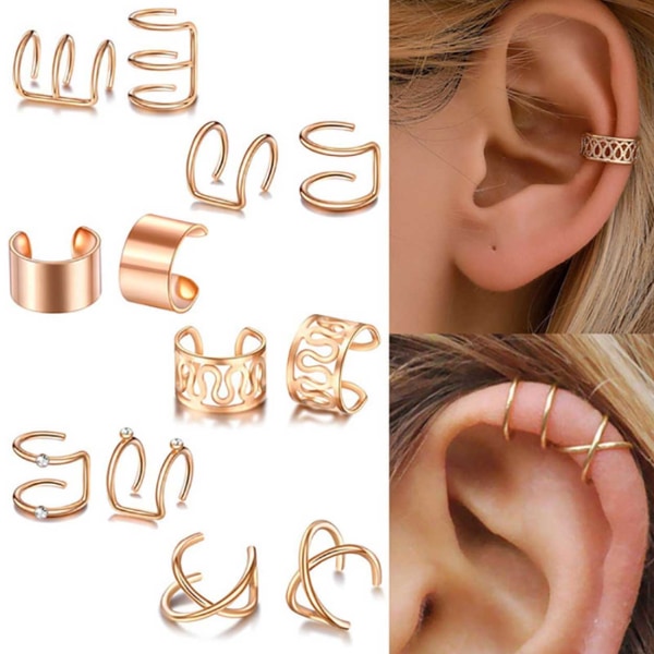 12-pack Fake Helix Piercing Öron Örhänge Ear Cuff utan Hål Guld guld