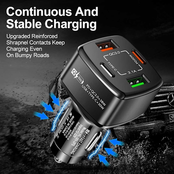 Billaddare 4 USB Supersnabb 38W PD Quick Charge 3.0 svart