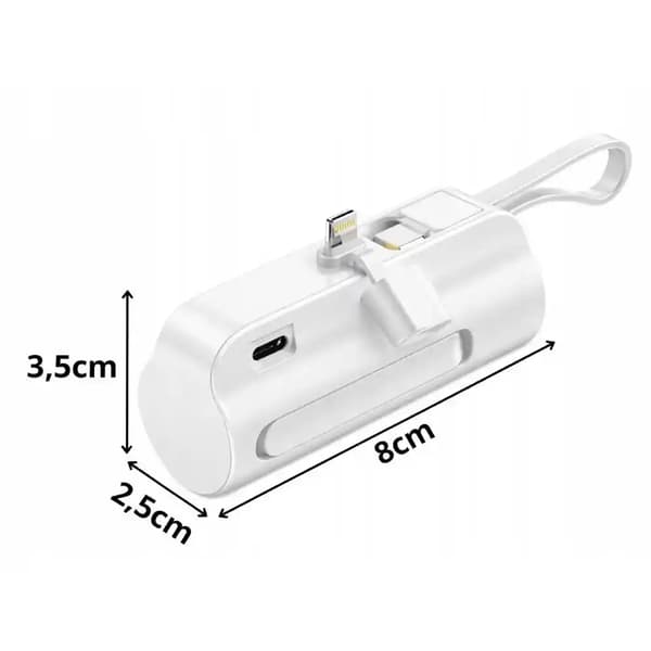 Powerbank 5000 mAh med innebygd Lightning & USB-C – Hvit kompakt reiselader (10 W)