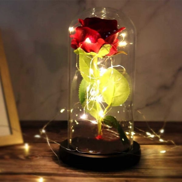 Eternity Rose med belysning | Rød rose i glasskopp og gaveeske rød