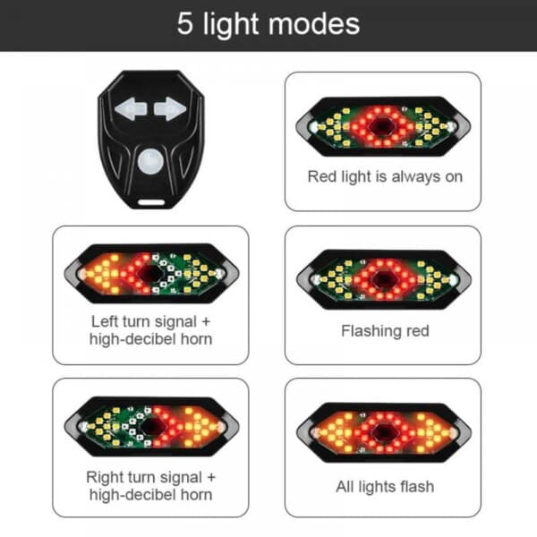 LED -blinker for sykkel med fjernkontroll og lyd svart