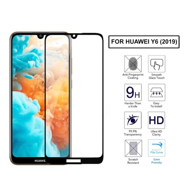 Huawei Y6 Heltäckande HD Skärmskydd Kolfiber Härdat Glas svart