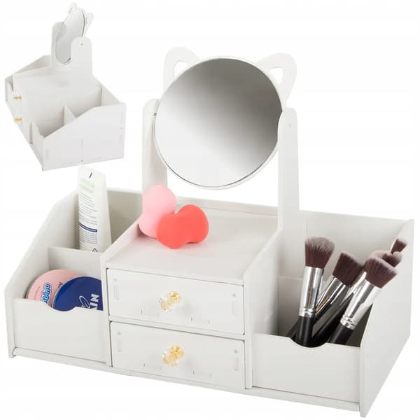 Make-up-organizer med spejl og skuffer – Opbevaringsbord til makeup hvid