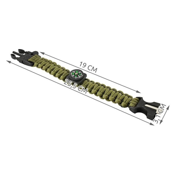 Paracord Survival Rannekoru sytyttimellä ja kompassilla 5-in-1 Green
