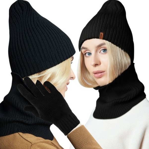Talvisetti 3-in-1 | Hattu, putkihuivi ja hanskat Unisex musta