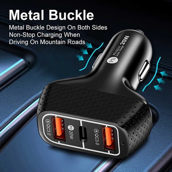 Biloplader 3 USB Supersnab 20W PD Quick Charge 3.0 sort