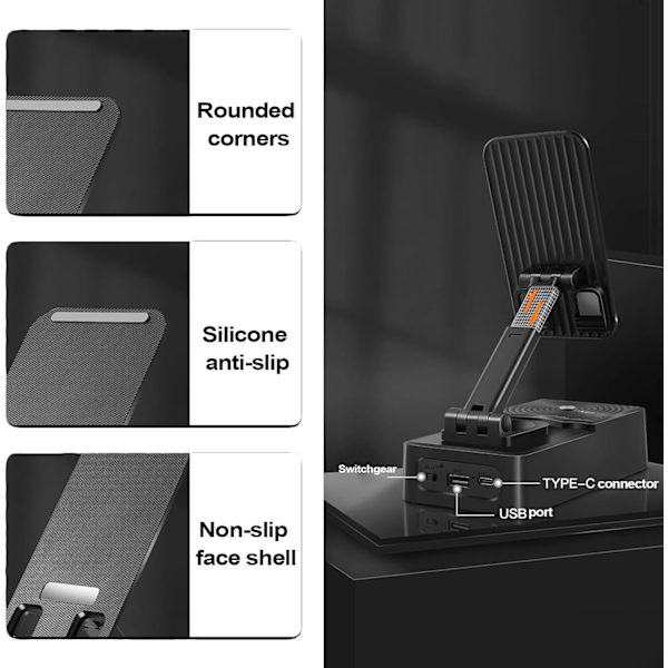 Monitoiminen puhelin- ja tabletinpidike Bluetooth-kaiuttimella ja powerbankilla