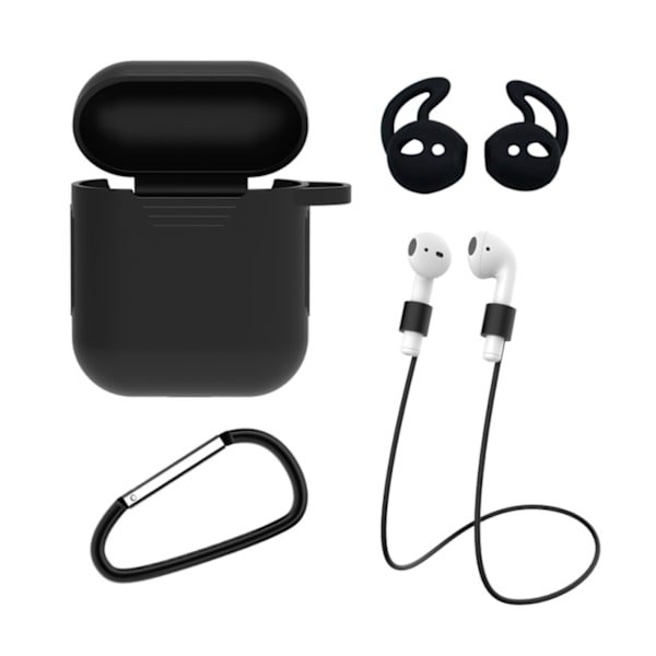 Apple AirPods 1/2 4-i-1 Fodral Halsrem Earhooks Svart svart
