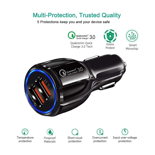 Universal Billaddare Quick Charge 3.0 2 USB 3.1A Snabbladdare vit