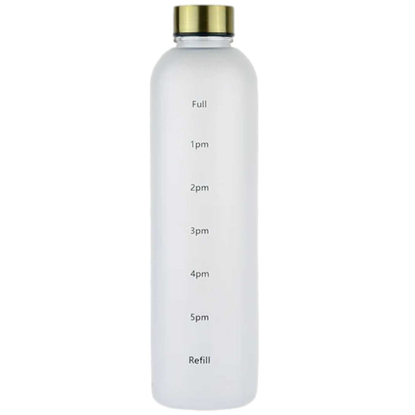 Minimalistinen motivoiva vesipullo, jossa Time Marker 1000 ml valkoinen valkoinen