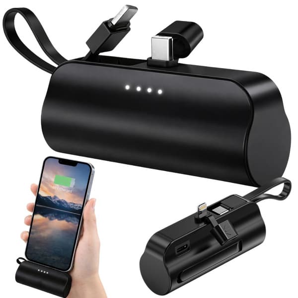 Powerbank 5000 mAh med innebygd Lightning og USB-C – Kompakt reiselader (10 W)