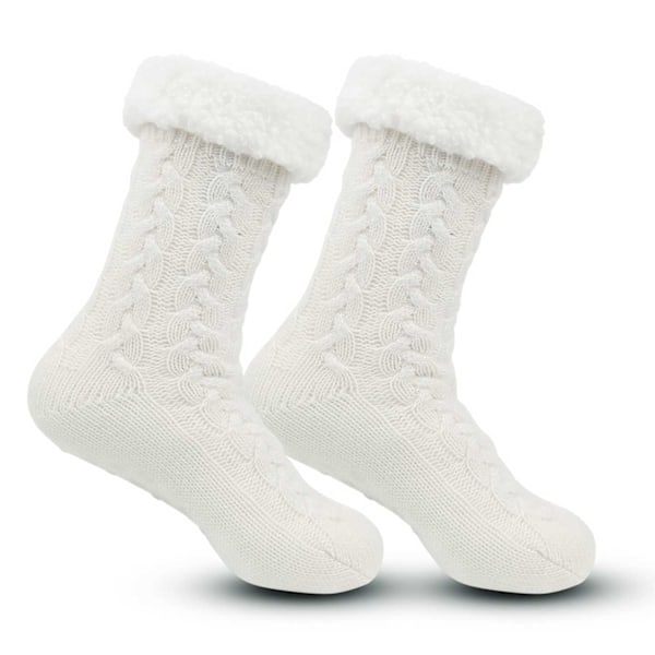 Lurviga Varma Stickade Sockor Tofflor med Halkskydd Vit vit one size