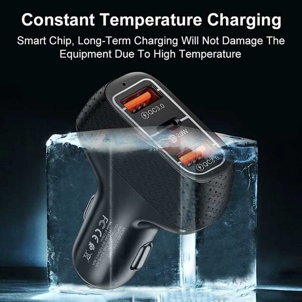 Biloplader 3 USB Supersnab 20W PD Quick Charge 3.0 sort