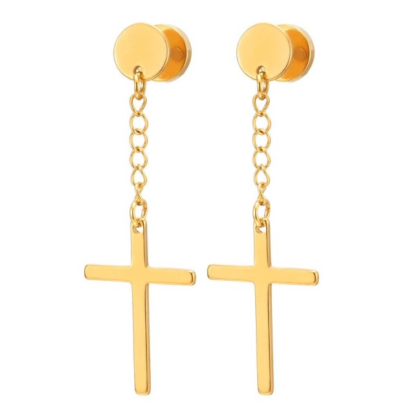 2-pack Piercing Örhänge Fake Plug med Hängande Kors Guld guld