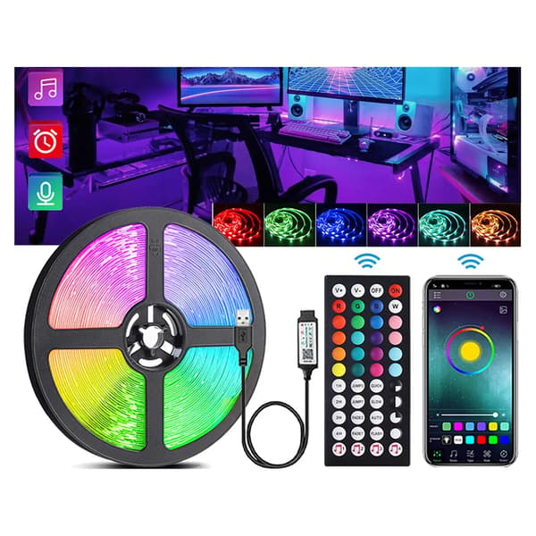 LED Strip RGB 5m vanntett med Bluetooth, app og fjernkontroll