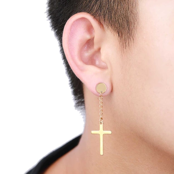 2-pack piercing øreringe falsk stik med hængende kryds guld guld