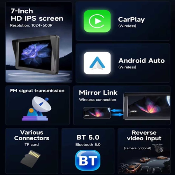 Bilstereo 7" Pekskärm för Bil med Trådlös Carplay och Android Auto svart