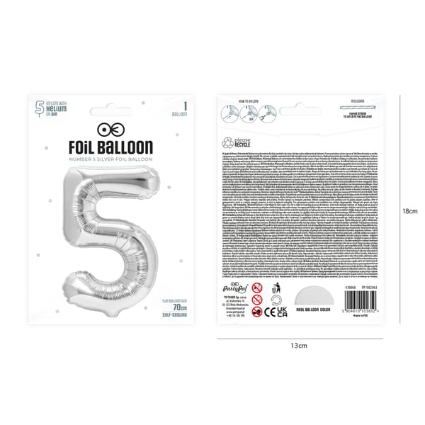 Folieballong nummer 5 sølv 70 cm sølv