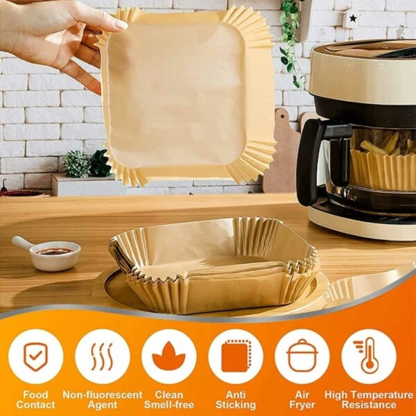 Square Air Fryer Paper 200 -pakke -17 cm engangspapir til luftfrø brun