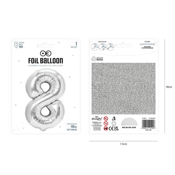 Folieballon tal 8 sølv 40 cm sølv