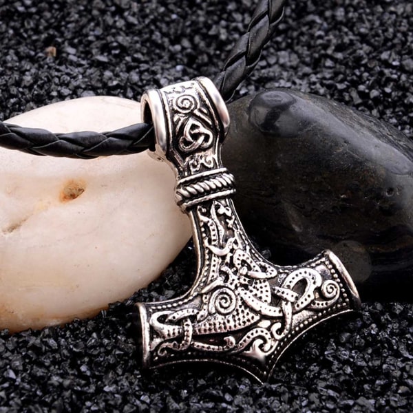 Vikingahalsband Tors Hammare Mjolnir Konstläder Silver silver