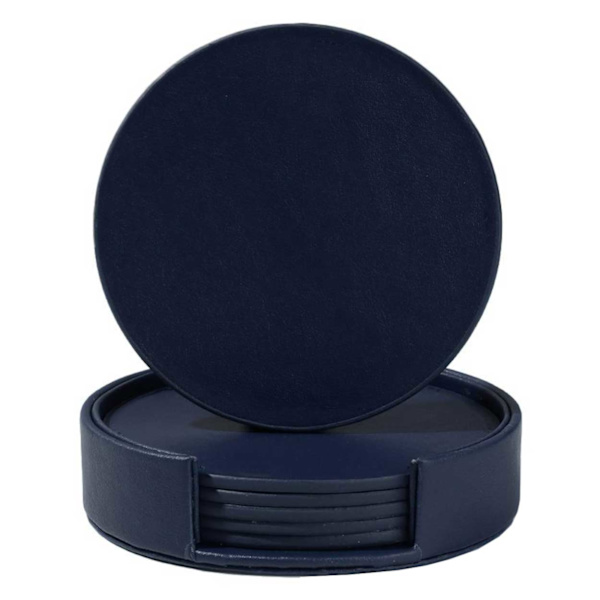 Blå glassbaser PU Leather 6-pack med holder blå