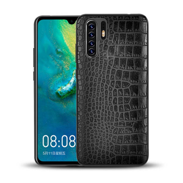 Huawei P30 Mobilskal Svart Läder Skinn Krokodil Skal svart