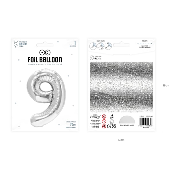 Folieballon Nummer 9 Sølv 70 cm sølv
