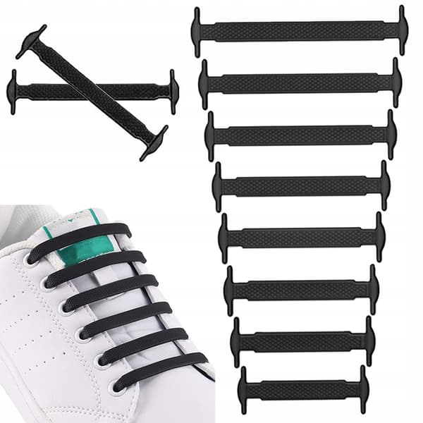 Silikonesnørebånd uden knude 16-pak – Elastiske snørebånd til sneakers & børn Sort